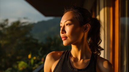 Half Body Portrait of an Asian Woman in Yoga Wear Standing in Sunlit Outdoor Setting