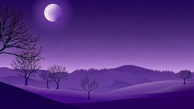 Purple night landscape with bare trees, rolling hills, and a bright moon