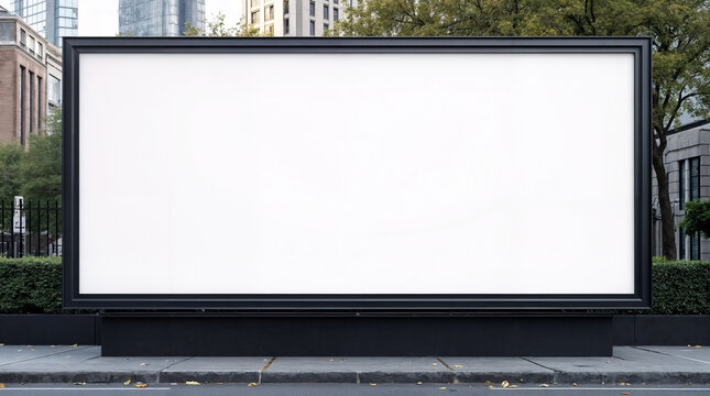 Blank outdoor billboard on a city street, framed in black with a white display area, ideal for advertisement or mockup design.