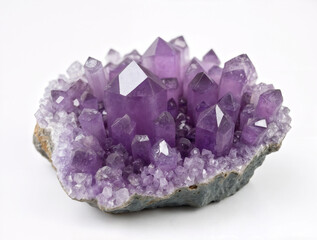 Vibrant amethyst crystal cluster with deep purple points on a natural rock base, displayed against a clean white background.