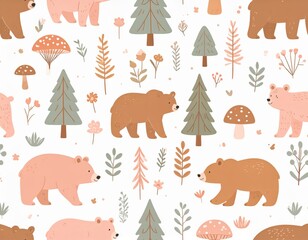 Adorable bear adventure in a whimsical forest seamless pattern design nature inspired playful environment hand-drawn art