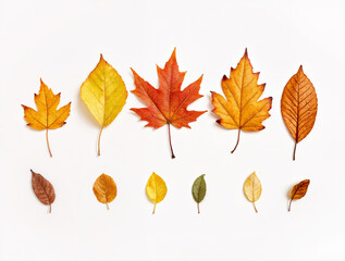 Assorted autumn maple leaves in warm tones of red, orange, and yellow, arranged neatly on a white background.