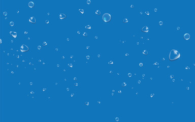 Realistic vector background texture featuring scattered water droplets of various sizes on a blue surface. Perfect for themes of water, rain, condensation, cleanliness, or freshness.