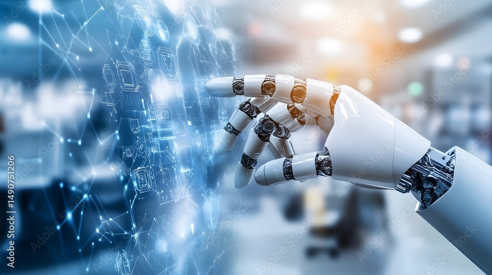 Aufkleber robotic hand interacting with digital interface in modern workspace