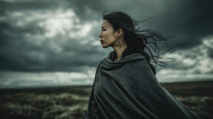 Half Body Portrait of an Asian Woman Wearing a Flowing Cape in Windy Weather Under Dramatic Sky