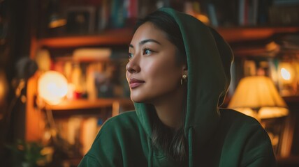 Half Body Portrait of an Asian Woman Wearing a Green Hood in a Cozy Indoor Library Setting