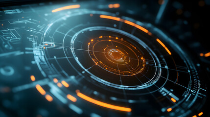 Abstract digital interface with glowing circles and lines on a dark background.