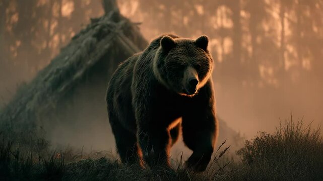 Epic cinematic scene of a brown bear attacking a thatched Japanese hut, warm vintage tones, dramatic framing, misty forest background.