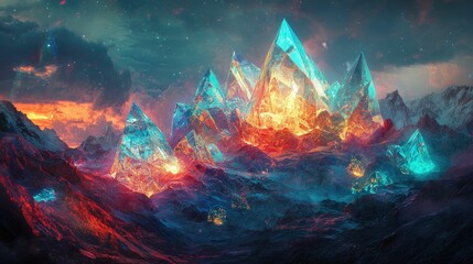 Crystal mountains, fiery landscape, starry night sky.
