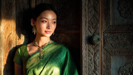 Half Body Portrait of an Asian Woman Wearing a Green Sari with Jewelry Against Detailed Wooden Background