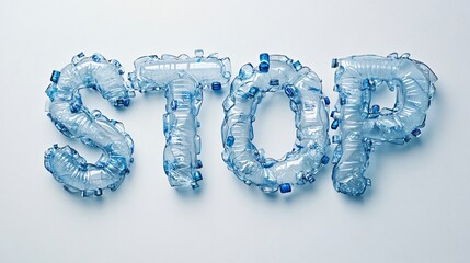 Creative environmental message stop made from recycled plastic bottles urban setting digital art minimalist aesthetic artistic perspective raising awareness