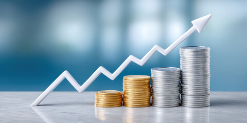 Price increased concept with stacked gold and silver coin and white arrow rising up on marble table