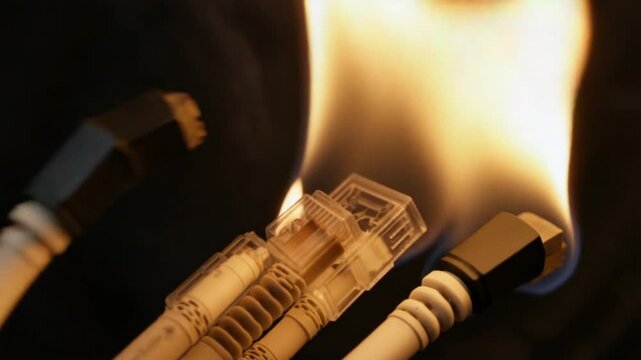 A bunch of ethernet cables on fire with a black background