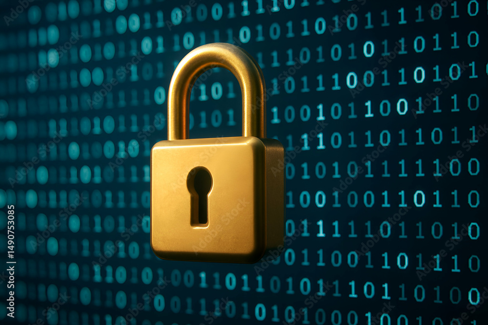 Poster golden padlock against binary code backdrop.