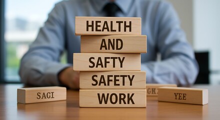 Stacked wooden blocks spelling health and safety at work on a table