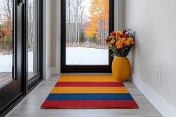 Autumnal View Modern Entryway with Red Blue Yellow Striped Rug