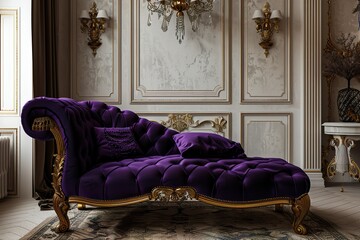 A luxurious chaise lounge in rich purple velvet, with an elegant gold frame, set in a lavish living room with soft, vintage decor