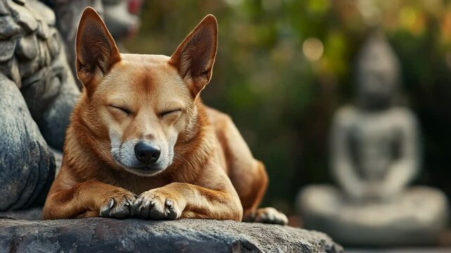 Serene ginger dog rests peacefully with eyes closed, paws crossed, amidst blurred statues in tranquil setting