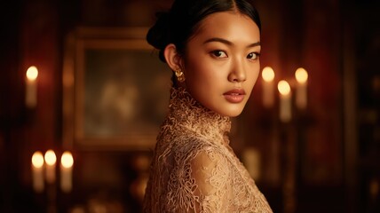 Half Body Portrait of an Elegant Asian Woman in Delicate Embroidery with Candlelight Atmosphere