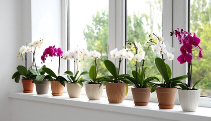 Fototapeta premium Vibrant Orchid Collection on Windowsill