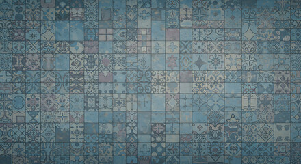 Fototapeta premium Distressed Blue Patterned Tile Wall Texture Background