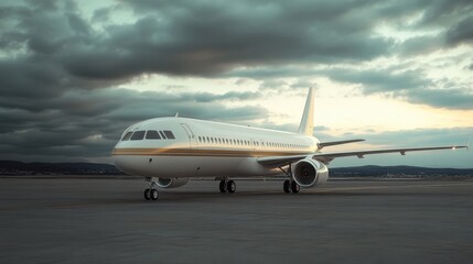 Obraz premium Private jet gracefully taxiing along the runway, under a dramatic cloudy sky lit by golden rimlight, showcasing ultra-detailed textures in a breathtaking atmosphere