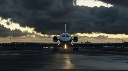 Private jet gracefully taxiing on a runway as dramatic clouds loom overhead, illuminated by the golden light of dusk