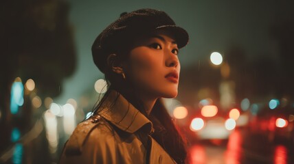 Half Body Portrait of an Elegant Asian Woman in Trench Coat on Rainy Night in Urban Setting