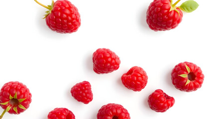 Fresh raspberries falling on food photography clean environment top view healthy eating