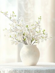 Fototapeta premium White cherry blossoms in embossed ceramic vase 