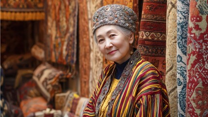 Half Body Portrait of Central Asian Woman in Colorful Traditional Attire Surrounded by Textiles