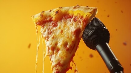 Slice of pizza nervously answers a microphone surrounded by melted cheese, filled with emotion in a lively studio setting during an engaging talk