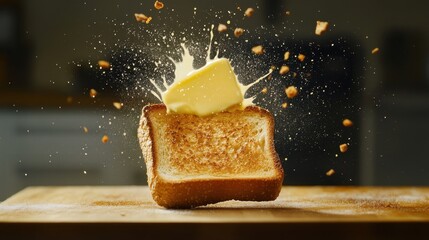 Toast experiences a dramatic moment as butter falls from the sky, capturing an unexpected blend of humor and culinary delight in vibrant 4K resolution