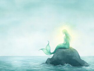 Watercolor mermaids on ocean rocks at daylight
