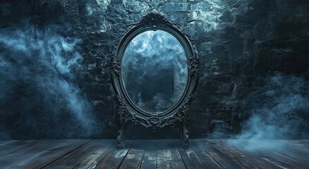 An ornate, dark-wood, oval mirror stands before a rough stone wall, veiled in ethereal blue-tinged fog, on a dark wooden floor