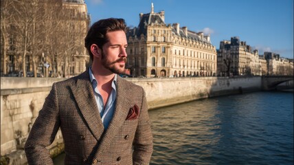 Handsome Man in Modern Double Breasted Blazer Standing by the River in Paris with Beautiful Architecture