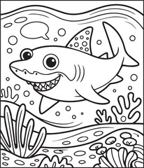 Fototapeta premium Cute shark in sea underwater scenery black line art vector illustration for children coloring page or book design