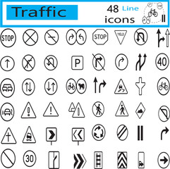 48 line icons related to Traffic, including Warning signs 