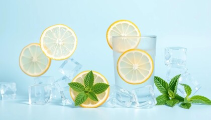 Sparkling water, lemon slices, ice cubes, and mint leaves on a light blue background,  summer drink,  hydration