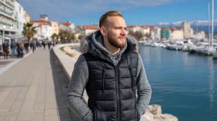 Handsome Croatian Man with Stubble Wearing Puffer Vest Enjoying a Sunny Day by the Marina