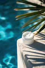 Fototapeta premium A white jar of cream sits on a light stone poolside, partially shaded, with a vibrant blue pool and palm fronds in the background. Sunlight casts shadows