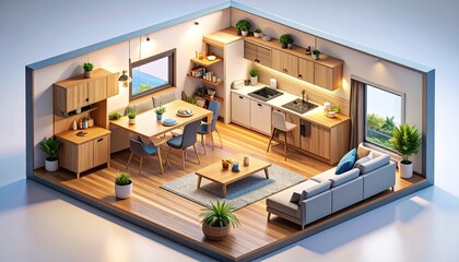 Tiny house living mobility concept. Stylish miniature interior design featuring kitchen and dining area.