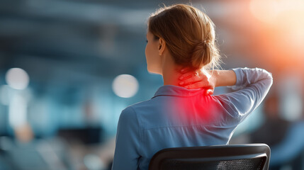Businesswoman With Neck And Shoulder Pain Red Highlight Office
