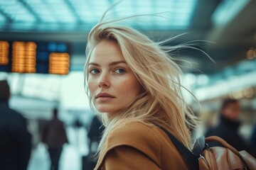 Blond Woman at Airport, Windblown Hair, Travel