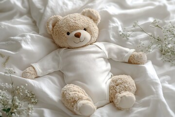 Fototapeta premium Adorable teddy bear in white bodysuit on soft bedding