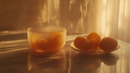 Golden tones softly illuminate a glass bowl and fruit.