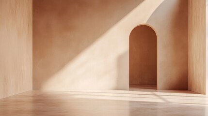 Minimalist warm space featuring a pale terracotta wall and a gracefully arched doorway illuminated by soft directional lighting