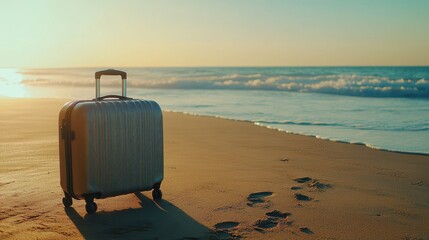 Wheeled suitcase resting on warm sand at the beach path embraced by the gentle ocean light and footprints of adventure captured in serene evening glow