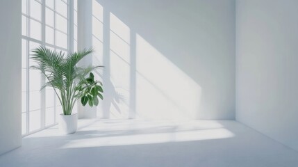 Bright and airy minimal studio interior showcasing natural light and green plants in a serene white setting for creative inspiration and peaceful ambiance