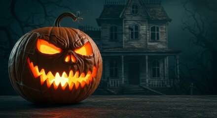Obraz premium Spooky Halloween Pumpkin and Haunted House - A menacing jack-o'-lantern sits in the foreground with a spooky haunted house in the background, creating a perfect Halloween scene